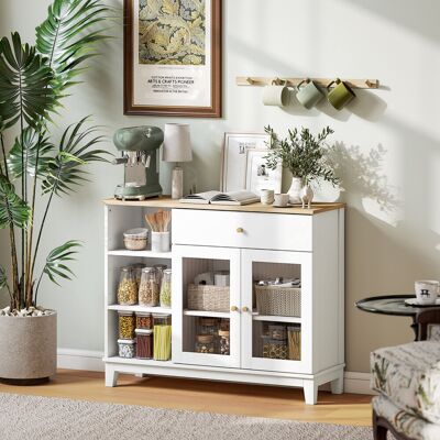 OEM Buffet Salon Avec Placard À Portes En Verre Trempé Nervuré, Tiroir, 3 Compartiments Ouverts Et Étagères Réglables, Blanc - Publicité OEM Buffet Salon Avec Placard À Portes En Verre Trempé Nervuré, Tiroir, 3 Compartiments Ouverts Et Étagères Réglables, Blanc - Publicité