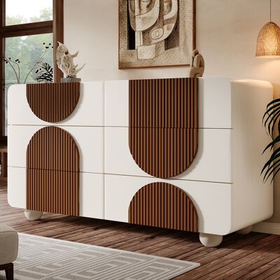 ACKERMAN Commode À 6 Tiroirs Au Design Incurvé, Élégant Buffet Blanc Avec Garniture En Bois Couleur Chocolat, Tiroirs Coulissants Silencieux Et Dispositif Anti-basculement, 121 X 71 X 41 Cm (l/h/p) - Publicité ACKERMAN Commode À 6 Tiroirs Au Design Incurvé, Élégant Buffet Blanc Avec Garniture En Bois Couleur Chocolat, Tiroirs Coulissants Silencieux Et Dispositif Anti-basculement, 121 X 71 X 41 Cm (l/h/p) - Publicité