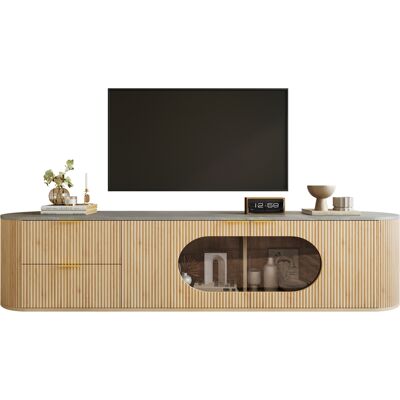 ACKERMAN Meuble Tv Moderne Et Minimaliste Aspect Bois, Portes À Rayures Verticales 3d, Vitrine Ovale En Verre Gris, Rangements Multi-zones, Meuble De Salon - Publicité ACKERMAN Meuble Tv Moderne Et Minimaliste Aspect Bois, Portes À Rayures Verticales 3d, Vitrine Ovale En Verre Gris, Rangements Multi-zones, Meuble De Salon - Publicité