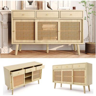 ACKERMAN Buffet, Commode Avec 3 Tiroirs Et 3 Portes Coulissantes, Tressage En Rotin Sur Les Façades De Portes, Pieds En Bois Massif, Poignées En Métal Doré, Étagères Réglables, Chêne, 120 X 40 X 78 Cm - Publicité ACKERMAN Buffet, Commode Avec 3 Tiroirs Et 3 Portes Coulissantes, Tressage En Rotin Sur Les Façades De Portes, Pieds En Bois Massif, Poignées En Métal Doré, Étagères Réglables, Chêne, 120 X 40 X 78 Cm - Publicité