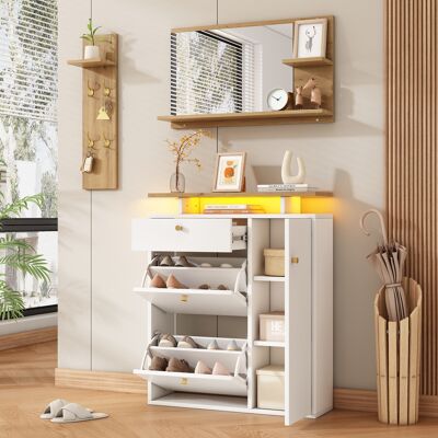 ACKERMAN Ensemble De Rangement Pour Entrée, 3 Pièces Avec Miroir, Étagère À Chapeaux Et Meuble À Chaussures : Porte-manteau Avec Éclairage Led, 4 Patères, Coloris Naturel Et Blanc, Dimensions 105 X 25 X 151,5 - Publicité ACKERMAN Ensemble De Rangement Pour Entrée, 3 Pièces Avec Miroir, Étagère À Chapeaux Et Meuble À Chaussures : Porte-manteau Avec Éclairage Led, 4 Patères, Coloris Naturel Et Blanc, Dimensions 105 X 25 X 151,5 - Publicité