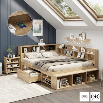 XISRENS Lit Enfant Avec Rangement, 140 X 200 Cm, Lit Simple, Lit Enfant Multifonctionnel Avec Table De Chevet, Tiroirs, Étagères, Armoire De Rangement, Chargeur Sans Fil, Sans Matelas, Couleur Naturelle - Publicité XISRENS Lit Enfant Avec Rangement, 140 X 200 Cm, Lit Simple, Lit Enfant Multifonctionnel Avec Table De Chevet, Tiroirs, Étagères, Armoire De Rangement, Chargeur Sans Fil, Sans Matelas, Couleur Naturelle - Publicité