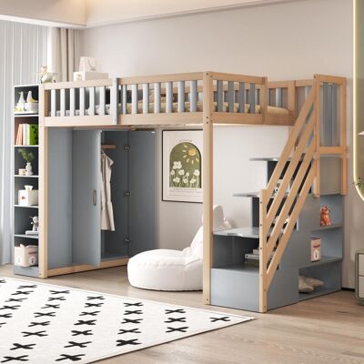 OEM Lit Mezzanine Multifonctionnel 90x200cm Avec Étagères, Armoire De Rangement Et Grande Penderie, Échelle De Sécurité Avec Compartiments De Rangement, Coloris Gris Et Bois Brut, Garantie 2 Ans - Publicité OEM Lit Mezzanine Multifonctionnel 90x200cm Avec Étagères, Armoire De Rangement Et Grande Penderie, Échelle De Sécurité Avec Compartiments De Rangement, Coloris Gris Et Bois Brut, Garantie 2 Ans - Publicité