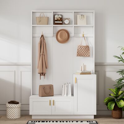ACKERMAN Ensemble D'Entrée Avec Banc Et Étagère À Chaussures, Banc De Rangement Multifonctionnel Avec 3 Crochets Et Espace De Rangement Ouvert, Meuble De Rangement Rectangulaire Pour Entrée, Blanc, Dimensions - Publicité ACKERMAN Ensemble D'Entrée Avec Banc Et Étagère À Chaussures, Banc De Rangement Multifonctionnel Avec 3 Crochets Et Espace De Rangement Ouvert, Meuble De Rangement Rectangulaire Pour Entrée, Blanc, Dimensions - Publicité