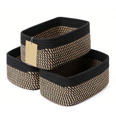 ALVIOR Panier De Rangement - Coton Tressé - 29 X 19 X 12 Cm - Pour Placard Bureau Armoire - Lot De 3 Noir Brun - Publicité ALVIOR Panier De Rangement - Coton Tressé - 29 X 19 X 12 Cm - Pour Placard Bureau Armoire - Lot De 3 Noir Brun - Publicité