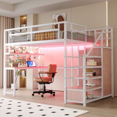 LEMONBEST Lit Mezzanine 140x200cm - Structure Métal - Bureau Et Grille Murale - Led Et Prises - Escalier Avec Rangements - Barrières De Sécurité - Capacité 150kg - Blanc - Publicité LEMONBEST Lit Mezzanine 140x200cm - Structure Métal - Bureau Et Grille Murale - Led Et Prises - Escalier Avec Rangements - Barrières De Sécurité - Capacité 150kg - Blanc - Publicité