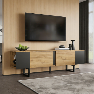 LEMONBEST Meuble Tv 180x40x55 Cm Avec 2 Portes Et Niches Ouvertes Latérales, Pour Tv Jusqu’à 75 Pouces, Bois Et Noir - Publicité LEMONBEST Meuble Tv 180x40x55 Cm Avec 2 Portes Et Niches Ouvertes Latérales, Pour Tv Jusqu’à 75 Pouces, Bois Et Noir - Publicité