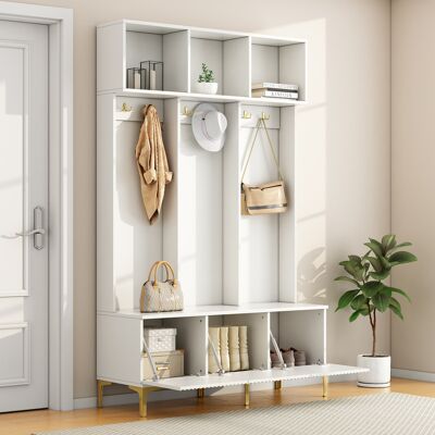 FENCHILIN Ensemble De Vestiaire Avec Banc, Banc De Rangement Multifonctionnel, Rangement Ouvert, 6 Crochets Dorés Et Pieds, Convient Pour L'Entrée Ou Le Salon, Blanc, 120 X 40 X 191.5 Cm - Publicité FENCHILIN Ensemble De Vestiaire Avec Banc, Banc De Rangement Multifonctionnel, Rangement Ouvert, 6 Crochets Dorés Et Pieds, Convient Pour L'Entrée Ou Le Salon, Blanc, 120 X 40 X 191.5 Cm - Publicité