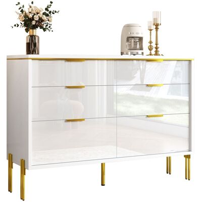 ACKERMAN Buffet Moderne À 6 Tiroirs, Blanc Et Doré, Façades Laquées Brillantes, Grand Espace De Rangement Pour Salon, Salle À Manger Et Entrée, Meuble De Rangement Élégant Pour Un Espace Organisé - Publicité ACKERMAN Buffet Moderne À 6 Tiroirs, Blanc Et Doré, Façades Laquées Brillantes, Grand Espace De Rangement Pour Salon, Salle À Manger Et Entrée, Meuble De Rangement Élégant Pour Un Espace Organisé - Publicité