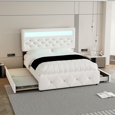 ACKERMAN Lit Capitonné 140200 Cm (90190 Cm), Lit Double, Lit Plateforme, Avec Lit Extractible Et 2 Tiroirs, Table De Chevet Avec Bandeau Led, Blanc - Publicité ACKERMAN Lit Capitonné 140200 Cm (90190 Cm), Lit Double, Lit Plateforme, Avec Lit Extractible Et 2 Tiroirs, Table De Chevet Avec Bandeau Led, Blanc - Publicité