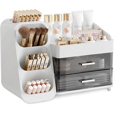 SYMOLEXA 1 - Organisateur De Maquillage - Boîte De Rangement - 3 Compartiments Et 2 Tiroirs - Pour Cosmétiques Et Soins De La Peau - Blanc - 25x15x20cm - Publicité SYMOLEXA 1 - Organisateur De Maquillage - Boîte De Rangement - 3 Compartiments Et 2 Tiroirs - Pour Cosmétiques Et Soins De La Peau - Blanc - 25x15x20cm - Publicité