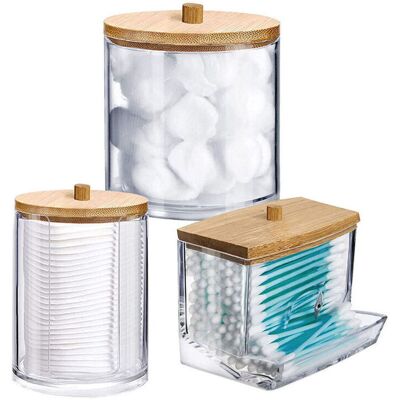 OEM Lot De 3 Pièces Distributeur De Coton Support De Coton Boite À Coton Tige En Acrylique Organisateur Stockage De Coton Avec Couvercles En Bambou - Publicité OEM Lot De 3 Pièces Distributeur De Coton Support De Coton Boite À Coton Tige En Acrylique Organisateur Stockage De Coton Avec Couvercles En Bambou - Publicité