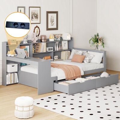 OEM Canapé-lit En Bois Massif, 90 X 200 Cm, Avec Bureau, Bibliothèque, Compartiments Et Étagères De Rangement, Prise Électrique, 2 Grands Compartiments De Rangement, Lit Multifonctionnel En Bois, Gris - Publicité OEM Canapé-lit En Bois Massif, 90 X 200 Cm, Avec Bureau, Bibliothèque, Compartiments Et Étagères De Rangement, Prise Électrique, 2 Grands Compartiments De Rangement, Lit Multifonctionnel En Bois, Gris - Publicité