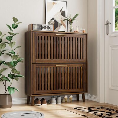 SOLKVUNZA Meuble À Chaussures En Noyer 80 Cm – Armoire À Chaussures Style Mid-century Modern Avec 2 Grands Tiroirs Abattants Et Étagères Modulables, Range-chaussures Étroit Pour Entrée Et Couloir - Publicité SOLKVUNZA Meuble À Chaussures En Noyer 80 Cm – Armoire À Chaussures Style Mid-century Modern Avec 2 Grands Tiroirs Abattants Et Étagères Modulables, Range-chaussures Étroit Pour Entrée Et Couloir - Publicité