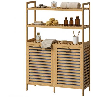 OEM Armoire À Linge Double Avec Fonction D'Inclinaison, Armoire Autoportante En Bambou, 2 Paniers Amovibles, 3 Compartiments De Rangement, Chêne - Publicité OEM Armoire À Linge Double Avec Fonction D'Inclinaison, Armoire Autoportante En Bambou, 2 Paniers Amovibles, 3 Compartiments De Rangement, Chêne - Publicité