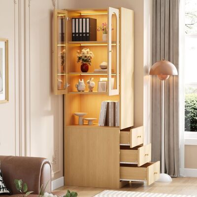LEMONBEST Vitrine Haute 60x40x200cm Bibliothèque Étroite Avec Éclairage Led, Verre Trempé, Étagères Ouvertes Et Tiroirs Latéraux - Aspect Bois - Publicité LEMONBEST Vitrine Haute 60x40x200cm Bibliothèque Étroite Avec Éclairage Led, Verre Trempé, Étagères Ouvertes Et Tiroirs Latéraux - Aspect Bois - Publicité