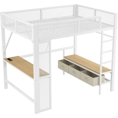 ALMASTORE Lit Mezzanine En Métal 140 X 200 Cm Avec Usb, Led, Bureau, Armoire Ouverte Et 3 Tiroirs À Linge, Blanc - Publicité ALMASTORE Lit Mezzanine En Métal 140 X 200 Cm Avec Usb, Led, Bureau, Armoire Ouverte Et 3 Tiroirs À Linge, Blanc - Publicité