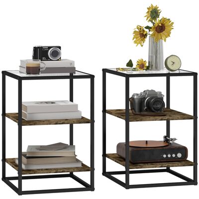 ARRIGONI Tables D'Appoint Lot De 2 Tables De Chevet À 3 Niveaux Avec Plateau En Verre Trempé 37 X 40 X 55,5 Cm Marron Rustique - Publicité ARRIGONI Tables D'Appoint Lot De 2 Tables De Chevet À 3 Niveaux Avec Plateau En Verre Trempé 37 X 40 X 55,5 Cm Marron Rustique - Publicité