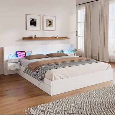 OEM Lit Double 180x200cm, Lit En Bois, Lit Enfant, Avec Port Usb, Éclairage Led Et Prise Électrique, Contrôlable Via Application Mobile, 2 Tables De Chevet Avec Tiroirs, Matelas Non Inclus, Blanc, Gara... Publicité OEM Lit Double 180x200cm, Lit En Bois, Lit Enfant, Avec Port Usb, Éclairage Led Et Prise Électrique, Contrôlable Via Application Mobile, 2 Tables De Chevet Avec Tiroirs, Matelas Non Inclus, Blanc, Gara... Publicité
