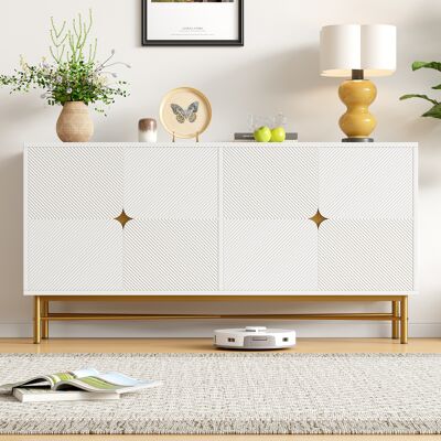 NMONET Buffet 160 Cm Avec 4 Portes Et Étagères, Meuble De Rangement Pour Salon Et Cuisine, Poignées Dorées Brossées, Pieds Métalliques Brillants, Style Moderne - Blanc - Publicité NMONET Buffet 160 Cm Avec 4 Portes Et Étagères, Meuble De Rangement Pour Salon Et Cuisine, Poignées Dorées Brossées, Pieds Métalliques Brillants, Style Moderne - Blanc - Publicité