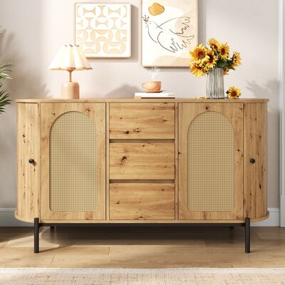 SOLKVUNZA Buffet Bas Ovale En Rotin Cannage - Enfilade Scandinave Aspect Bois Naturel Avec Portes Coulissantes Et Tiroirs - Meuble De Rangement Séjour 140x38x77,5 Cm - Style Scandinave - Publicité SOLKVUNZA Buffet Bas Ovale En Rotin Cannage - Enfilade Scandinave Aspect Bois Naturel Avec Portes Coulissantes Et Tiroirs - Meuble De Rangement Séjour 140x38x77,5 Cm - Style Scandinave - Publicité