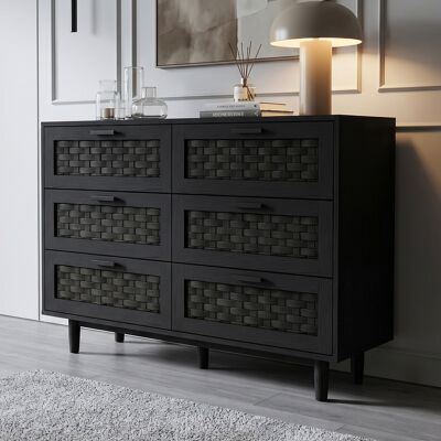 ADWOLT Commode En Rotin Et Bois Avec 6 Tiroirs,buffet, Meuble De Rangement,noir,chambres, Mdf,115 X 40 X 80 Cm - Publicité ADWOLT Commode En Rotin Et Bois Avec 6 Tiroirs,buffet, Meuble De Rangement,noir,chambres, Mdf,115 X 40 X 80 Cm - Publicité