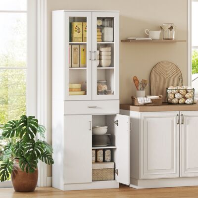 OEM Buffet Haut Cuisine, Armoire De Cuisine, 4 Portes Dont 2 En Verre, Tiroirs, Étagères Réglables, 60x35x180cm, Blanc - Publicité OEM Buffet Haut Cuisine, Armoire De Cuisine, 4 Portes Dont 2 En Verre, Tiroirs, Étagères Réglables, 60x35x180cm, Blanc - Publicité