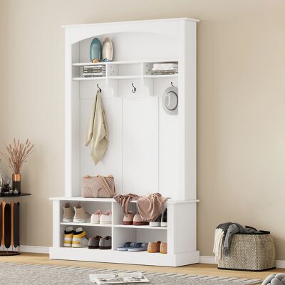 ACKERMAN Ensemble D'Entrée Avec Banc Et Étagère À Chaussures, Banc De Rangement Multifonctionnel Avec 3 Crochets Et Espace De Rangement Ouvert, Rangement Rectangulaire Et Étagères, Armoire D'Entrée, Blanc, H 1 - Publicité ACKERMAN Ensemble D'Entrée Avec Banc Et Étagère À Chaussures, Banc De Rangement Multifonctionnel Avec 3 Crochets Et Espace De Rangement Ouvert, Rangement Rectangulaire Et Étagères, Armoire D'Entrée, Blanc, H 1 - Publicité