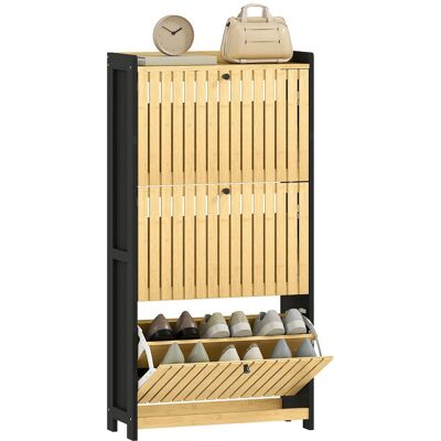 OEM Meuble À Chaussures 18 Paires Avec 3 Tiroirs Rabattables, Portes En Bambou À Lattes, 60x24x118cm, Noir Et Bois Naturel - Publicité OEM Meuble À Chaussures 18 Paires Avec 3 Tiroirs Rabattables, Portes En Bambou À Lattes, 60x24x118cm, Noir Et Bois Naturel - Publicité