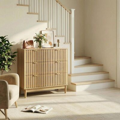 SOLKVUNZA Commode Style Mid-century Modern 80 Cm – Buffet Bas Couleur Chêne Avec 3 Grands Tiroirs Rainurés, Meuble De Rangement Avec Pieds En Bois Massif Pour Chambre Et Salon - Publicité SOLKVUNZA Commode Style Mid-century Modern 80 Cm – Buffet Bas Couleur Chêne Avec 3 Grands Tiroirs Rainurés, Meuble De Rangement Avec Pieds En Bois Massif Pour Chambre Et Salon - Publicité