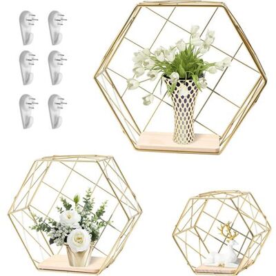 OEM Lot De 3 Étagères Murales Hexagonales – Étagères Flottantes En 3 Tailles – Étagère Suspendue Décorative Géométrique (fil Métallique Et Placage Bois) – Doré - Publicité OEM Lot De 3 Étagères Murales Hexagonales – Étagères Flottantes En 3 Tailles – Étagère Suspendue Décorative Géométrique (fil Métallique Et Placage Bois) – Doré - Publicité