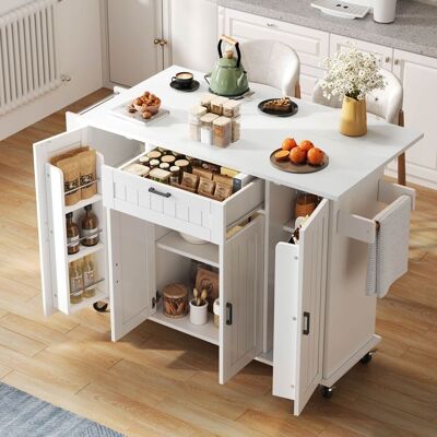 ACKERMAN Îlot De Cuisine Avec Plan De Travail Rabattable, Desserte Sur Roulettes, Meuble De Cuisine À 4 Portes Et 1 Tiroir, Étagères À Épices Intégrées Aux Portes, Porte-serviettes Double Face, Blanc, 120×45(7 - Publicité ACKERMAN Îlot De Cuisine Avec Plan De Travail Rabattable, Desserte Sur Roulettes, Meuble De Cuisine À 4 Portes Et 1 Tiroir, Étagères À Épices Intégrées Aux Portes, Porte-serviettes Double Face, Blanc, 120×45(7 - Publicité