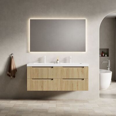 ALOVEZ Lavabo De Salle De Bain Flottant De 120 Cm. Équipé De Deux Éviers En Pierre Artificielle Épaisse, D’un Meuble En Contreplaqué À Motif Rayé (avec Quatre Tiroirs), Pré-assemblé, Finition Imitation Bois - Publicité ALOVEZ Lavabo De Salle De Bain Flottant De 120 Cm. Équipé De Deux Éviers En Pierre Artificielle Épaisse, D’un Meuble En Contreplaqué À Motif Rayé (avec Quatre Tiroirs), Pré-assemblé, Finition Imitation Bois - Publicité