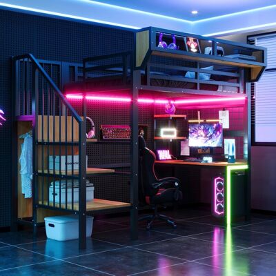 OEM Lit Mezzanine En Métal 90 × 200 Cm, Avec Bureau, Étagère Et Filet De Rangement, Échelle De Sécurité, Éclairage Led Et Prise Électrique, Rambarde Surélevée, Noir - Publicité OEM Lit Mezzanine En Métal 90 × 200 Cm, Avec Bureau, Étagère Et Filet De Rangement, Échelle De Sécurité, Éclairage Led Et Prise Électrique, Rambarde Surélevée, Noir - Publicité