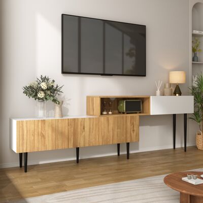 ACKERMAN Meuble Tv Moderne À Longueur Réglable, Conception Modulaire En 2 Parties, Aspect Bois Et Blanc Mat, Pieds En Métal Noir, Meuble De Salon Multifonctionnel - Publicité ACKERMAN Meuble Tv Moderne À Longueur Réglable, Conception Modulaire En 2 Parties, Aspect Bois Et Blanc Mat, Pieds En Métal Noir, Meuble De Salon Multifonctionnel - Publicité