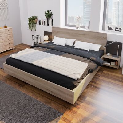 ACKERMAN Lit Double, Cadre De Lit En Bois 160 X 200 Cm Avec 2 Tables De Chevet, Lit Moderne Avec 2 Tables De Chevet, Ensemble De Chambre Complet - 205,5 X 235 X 76,5 Cm (p/l/h) En Chêne Sonoma/gris Foncé - Publicité ACKERMAN Lit Double, Cadre De Lit En Bois 160 X 200 Cm Avec 2 Tables De Chevet, Lit Moderne Avec 2 Tables De Chevet, Ensemble De Chambre Complet - 205,5 X 235 X 76,5 Cm (p/l/h) En Chêne Sonoma/gris Foncé - Publicité
