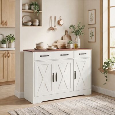 OEM Buffet Cuisine Meuble De Rangement 3 Portes De Grange 2 Tiroirs Étagères Réglables 108x40x81cm Blanc - Publicité OEM Buffet Cuisine Meuble De Rangement 3 Portes De Grange 2 Tiroirs Étagères Réglables 108x40x81cm Blanc - Publicité