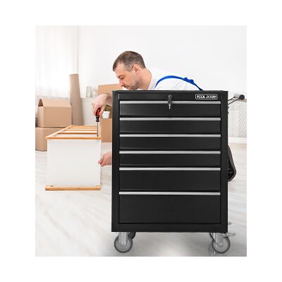 ACKERMAN Tool Cabinet Tool Cart 615mm Length With 6 Drawers And Wheels, Metal Rolling Tool Box Locked Drawers Storage Organizer Cabinet For Garage, Warehouse, Repair Shop, Workshop, Black Color - Publicité ACKERMAN Tool Cabinet Tool Cart 615mm Length With 6 Drawers And Wheels, Metal Rolling Tool Box Locked Drawers Storage Organizer Cabinet For Garage, Warehouse, Repair Shop, Workshop, Black Color - Publicité