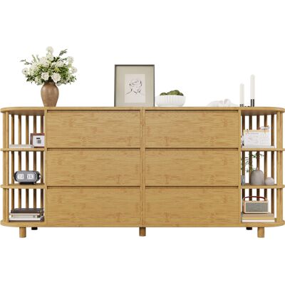 RETROK Commode Buffet 160 Cm Décor Chêne Avec Design Romain, Colonnes Et Étagères En Bambou – 6 Tiroirs Et Étagères Ouvertes Avec Pieds Réglables, Dimensions : H75 × L160 × P40 Cm - Publicité RETROK Commode Buffet 160 Cm Décor Chêne Avec Design Romain, Colonnes Et Étagères En Bambou – 6 Tiroirs Et Étagères Ouvertes Avec Pieds Réglables, Dimensions : H75 × L160 × P40 Cm - Publicité