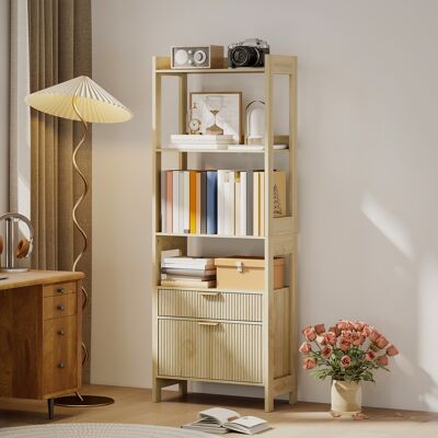 SANMINE HABITAT Bibliothèque Haute. Meuble De Rangement Avec 4 Étagères Ouvertes Et 2 Tiroirs Cannelés. 60 X 30 X 160 Cm. Bois Naturel - Publicité SANMINE HABITAT Bibliothèque Haute. Meuble De Rangement Avec 4 Étagères Ouvertes Et 2 Tiroirs Cannelés. 60 X 30 X 160 Cm. Bois Naturel - Publicité
