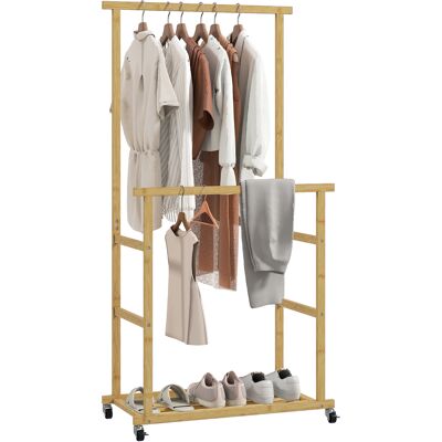 OEM Portant À Vêtements À Roulettes, Porte-manteau Double Barre En Bambou Avec Étagère Inférieure, 80x40x160cm, Bois Naturel - Publicité OEM Portant À Vêtements À Roulettes, Porte-manteau Double Barre En Bambou Avec Étagère Inférieure, 80x40x160cm, Bois Naturel - Publicité