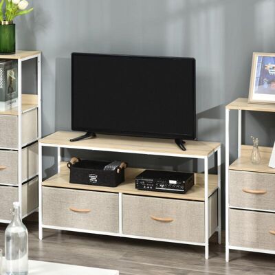 Generic Meuble Tv Bas Sur Pieds Style Industriel 2 Tiroirs En Tissu Gris Bois Naturel Et Métal Blanc - Publicité Generic Meuble Tv Bas Sur Pieds Style Industriel 2 Tiroirs En Tissu Gris Bois Naturel Et Métal Blanc - Publicité