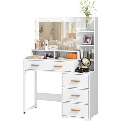 ARRIGONI Coiffeuse Avec Miroir Et 9 Lumières Led, 4 Tiroirs Et 6 Compartiments Ouverts, 100 X 40 X 138 Cm, Blanc - Publicité ARRIGONI Coiffeuse Avec Miroir Et 9 Lumières Led, 4 Tiroirs Et 6 Compartiments Ouverts, 100 X 40 X 138 Cm, Blanc - Publicité