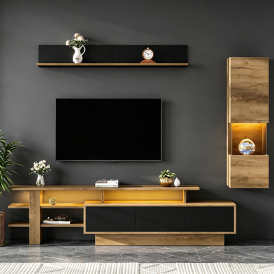 OEM Ensemble Mur Salon 3 Pièces Led Meuble Télé Vitrine Étagère Adapté Tv 80 Pouces - Publicité OEM Ensemble Mur Salon 3 Pièces Led Meuble Télé Vitrine Étagère Adapté Tv 80 Pouces - Publicité