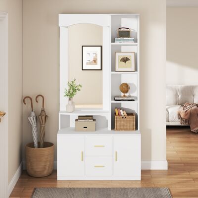 ACKERMAN Meuble D'Entrée Multifonctionnel 90 X 40 X 180 Cm Avec Espace De Rangement, Comprenant Des Armoires Avec Étagère À Chaussures Et Miroir, Un Meuble À 2 Tiroirs Et 2 Placards, Et Une Commode Avec Étagèr - Publicité ACKERMAN Meuble D'Entrée Multifonctionnel 90 X 40 X 180 Cm Avec Espace De Rangement, Comprenant Des Armoires Avec Étagère À Chaussures Et Miroir, Un Meuble À 2 Tiroirs Et 2 Placards, Et Une Commode Avec Étagèr - Publicité