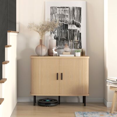 OEM Buffet Meuble De Rangement Portes Coulissantes Lattes Armoire De Cuisine Pieds Acier Ton Chêne - Publicité OEM Buffet Meuble De Rangement Portes Coulissantes Lattes Armoire De Cuisine Pieds Acier Ton Chêne - Publicité