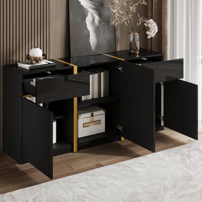 LEMONBEST Buffet 3 Portes 2 Tiroirs Avec Étagères Réglables Et Finition Brillante, 160 X 40 X 78 Cm, Mdf, Noir Et Doré - Publicité LEMONBEST Buffet 3 Portes 2 Tiroirs Avec Étagères Réglables Et Finition Brillante, 160 X 40 X 78 Cm, Mdf, Noir Et Doré - Publicité