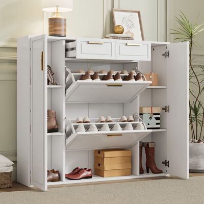 ACKERMAN Meuble À Chaussures Moderne Avec Étagères Réglables, Poignées Dorées, 2 Tiroirs, Compartiment À Chaussures Abattant Et 2 Portes, Blanc, L 120/p 24/h 107 Cm - Publicité ACKERMAN Meuble À Chaussures Moderne Avec Étagères Réglables, Poignées Dorées, 2 Tiroirs, Compartiment À Chaussures Abattant Et 2 Portes, Blanc, L 120/p 24/h 107 Cm - Publicité
