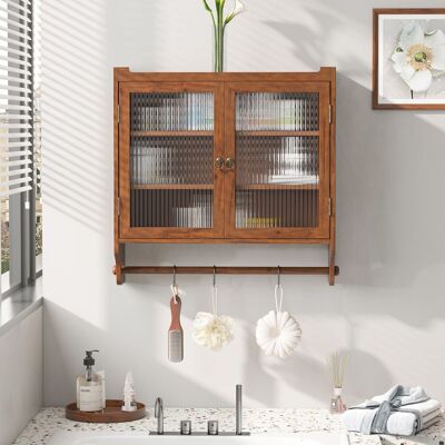 ACKERMAN 63cm Glass Door Vintage Double Door Wall Cabinet With Three Tiers Of Storage With Towel Rack, For Bathroom, Kitchen,dining Room,brown - Publicité ACKERMAN 63cm Glass Door Vintage Double Door Wall Cabinet With Three Tiers Of Storage With Towel Rack, For Bathroom, Kitchen,dining Room,brown - Publicité