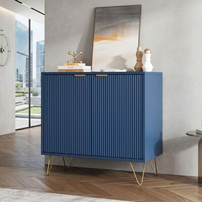 COMANLAI Buffet Bas 80 Cm Bleu - Meuble De Rangement 2 Portes Texturées Et Pieds Épingles Dorés - Style Art Déco Et Moderne - Publicité COMANLAI Buffet Bas 80 Cm Bleu - Meuble De Rangement 2 Portes Texturées Et Pieds Épingles Dorés - Style Art Déco Et Moderne - Publicité